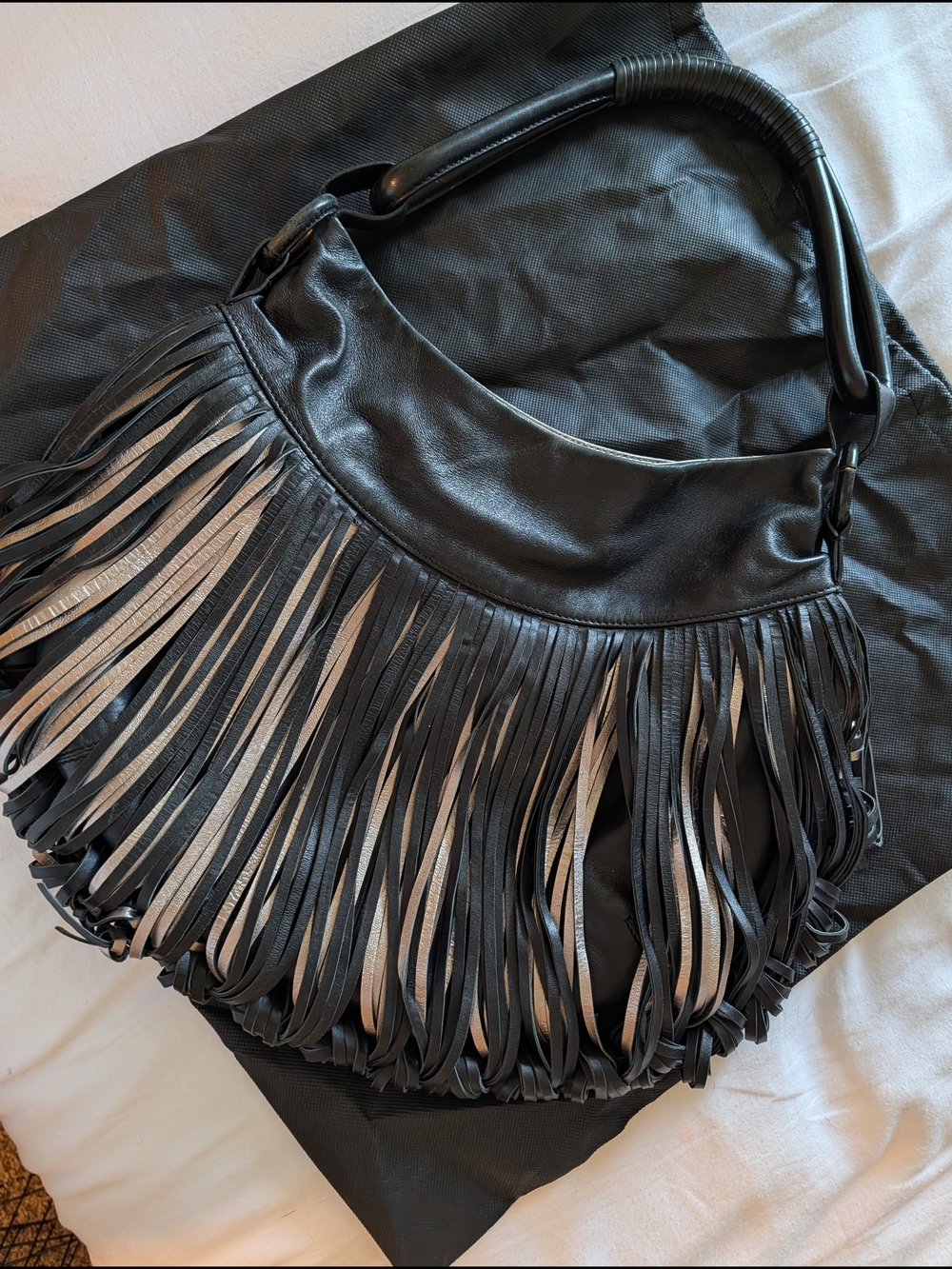 Fringed Hobo Shoulder Bag in Black